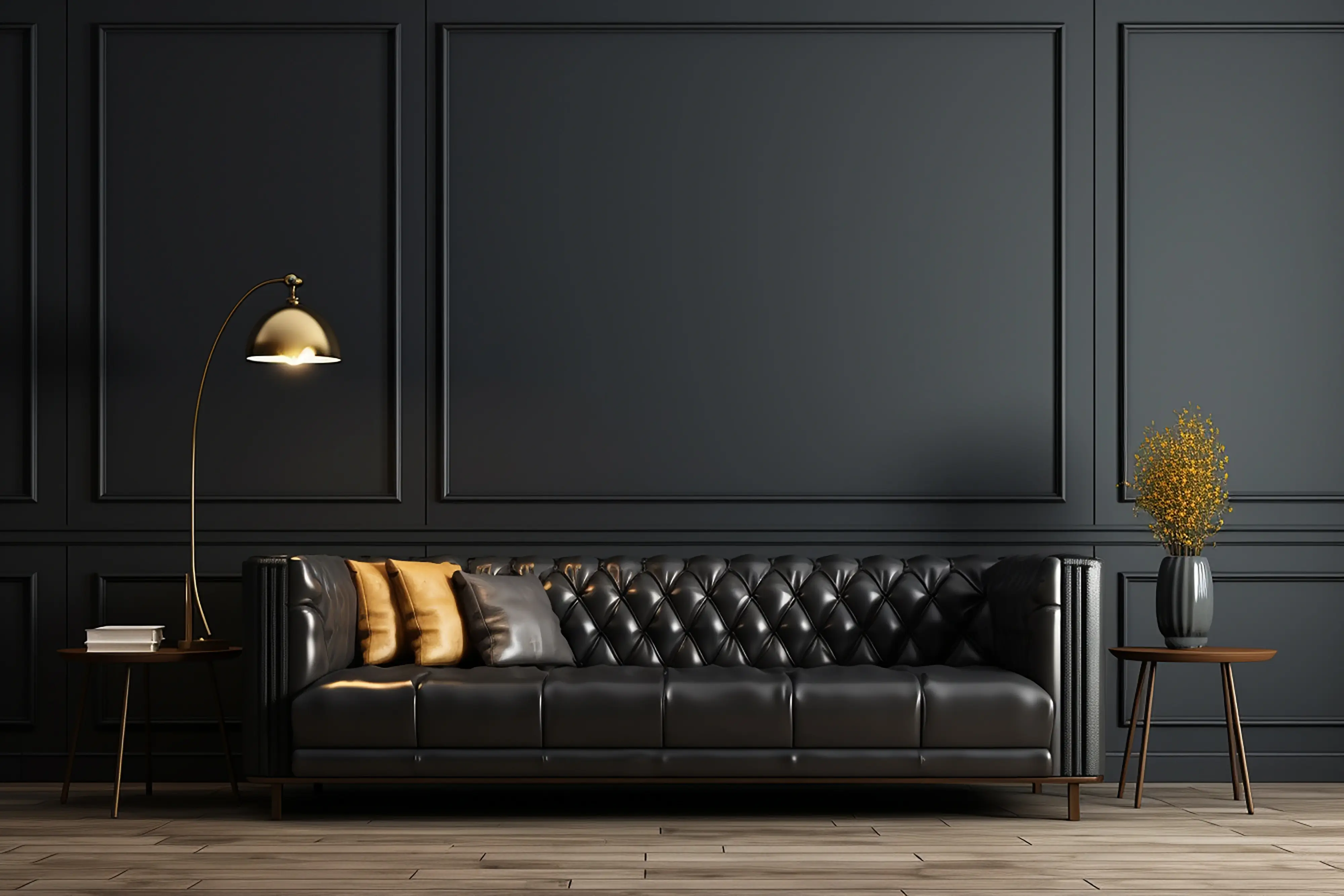 Dark panelled living room with leather sofa
