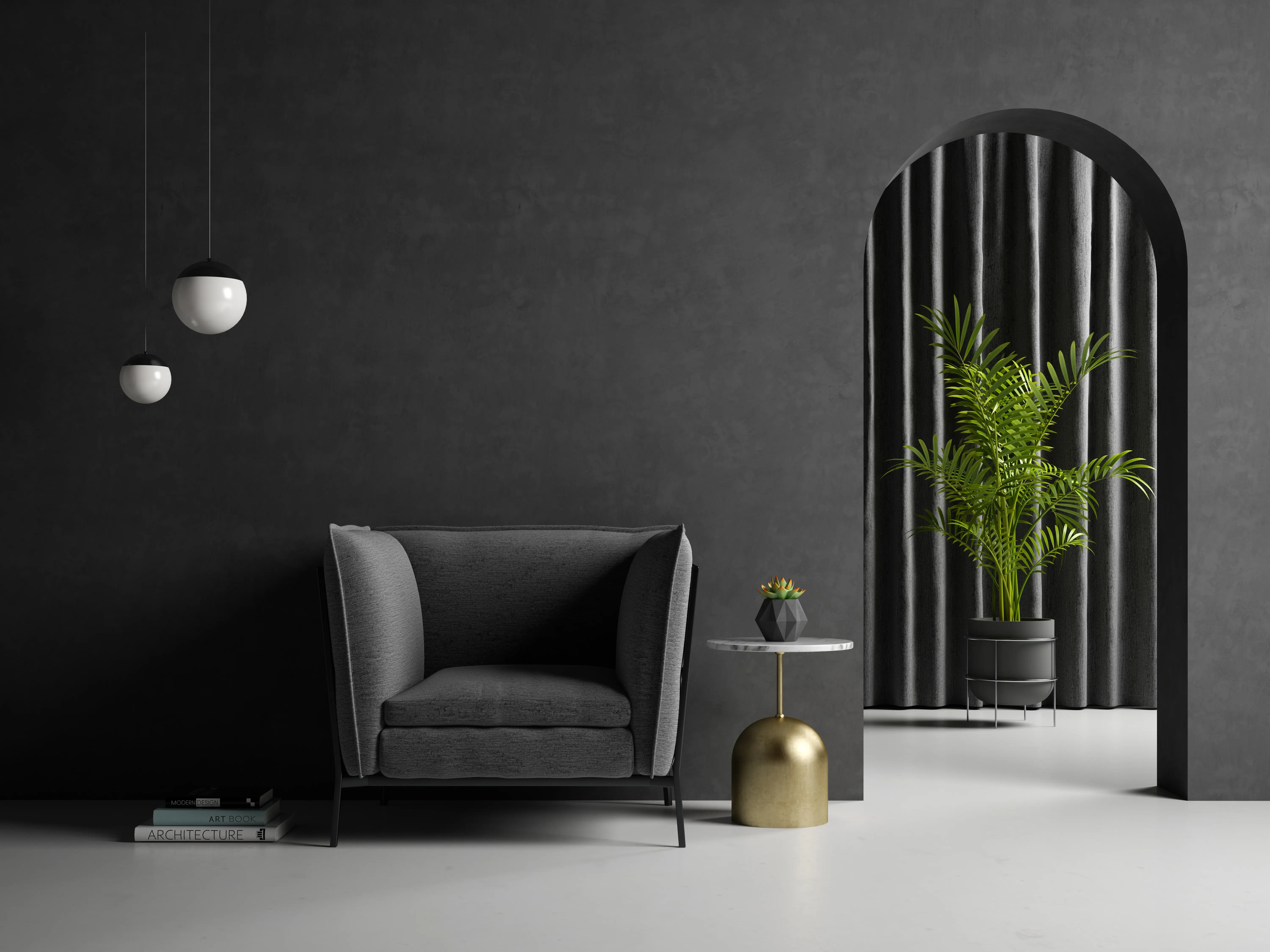 Arched alcove with armchair and plant